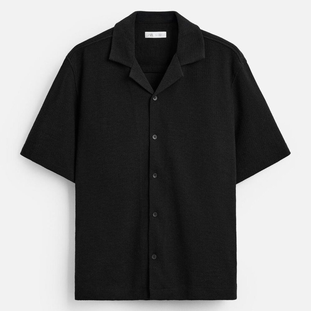 Zara Black Stretch Dress Shirt Slim Fit Short Sleeve Medium